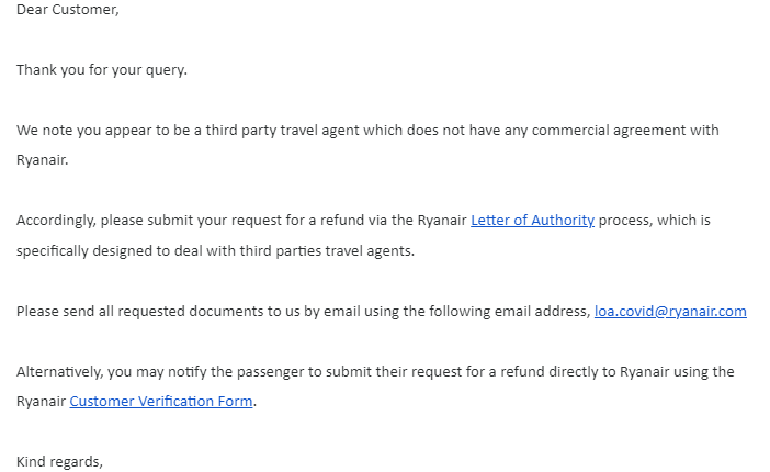 אימייל מחברת ריינאייר על חשד לרכישת כרטיס דרך סוכן